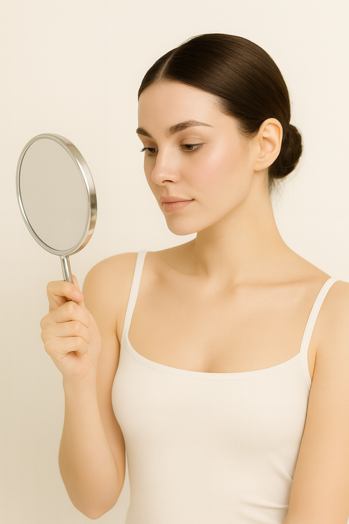 Junge Frau betrachtet ihre Haut nach einer Skinbooster-Behandlung mit Skinvive oder HarmonyCA in der Privatpraxis Hamzavi in Düsseldorf