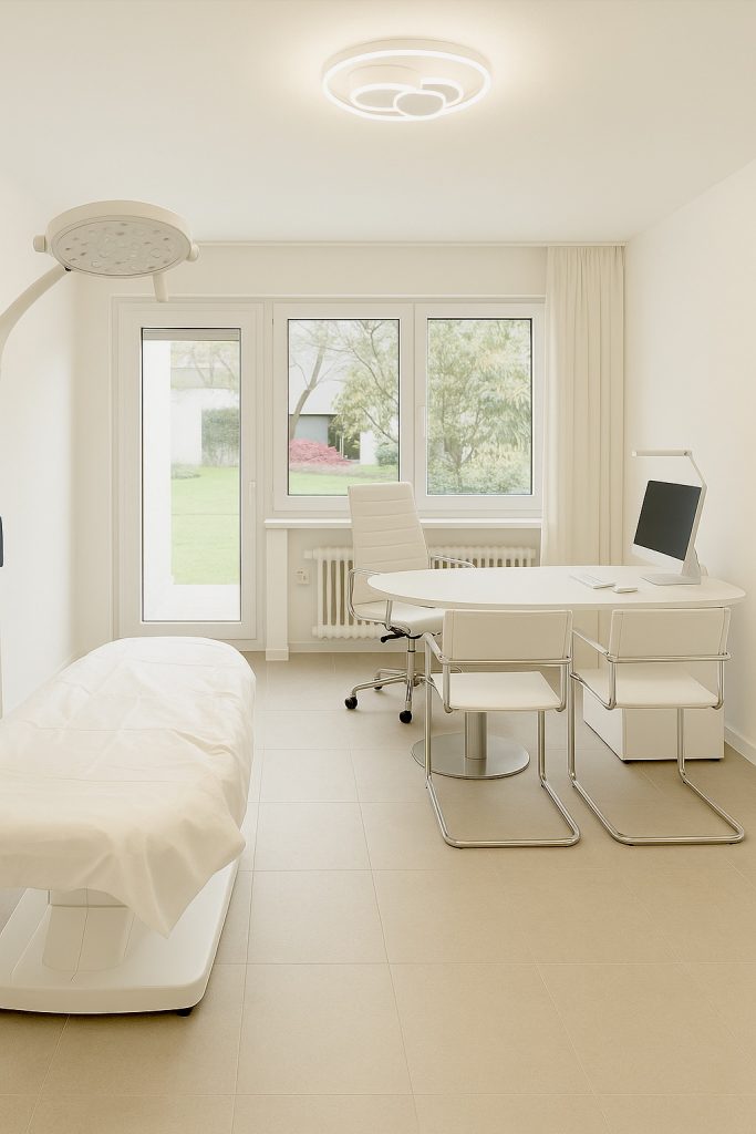 Heller Behandlungsraum für Botox und ästhetische Medizin in Düsseldorf mit Liege, Beratungstisch und moderner Ausstattung.
