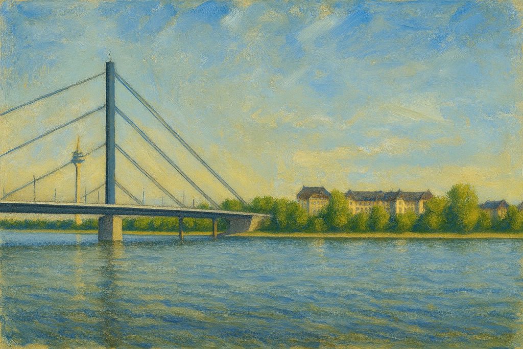 Gemaltes Bild der Oberkasseler Brücke und des Rheins in Düsseldorf bei warmem Abendlicht