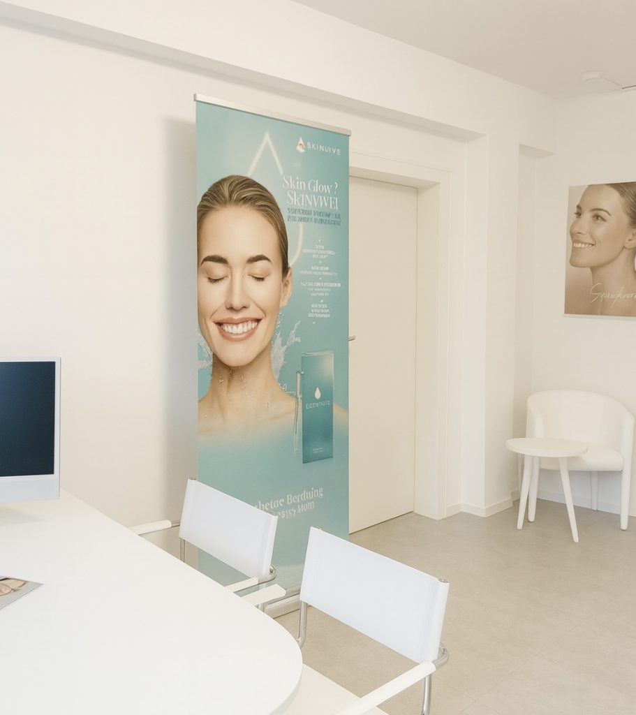Behandlungsraum für Skinbooster in Düsseldorf-Oberkassel – moderner Praxisraum mit Skinvive-Poster